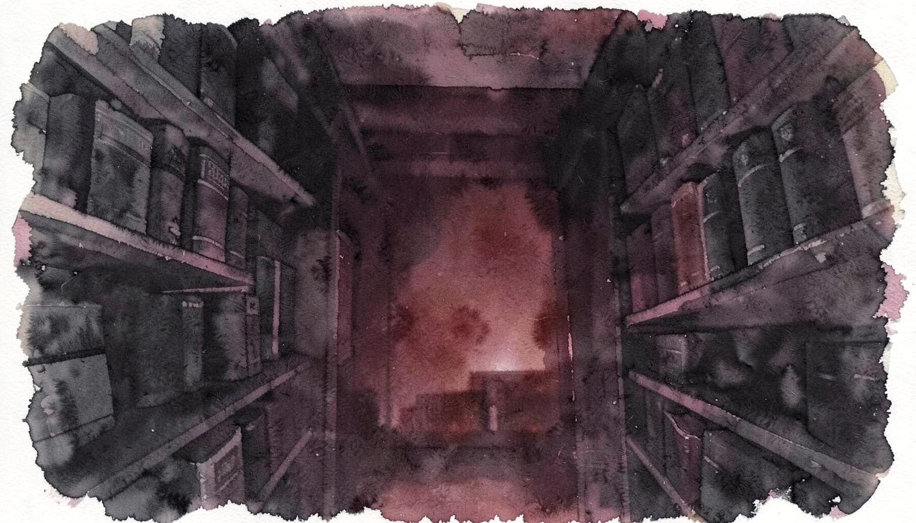 A dim, atmospheric watercolour wash of deep charcoal and muted crimson, suggesting stacked shelves of bound volumes receding into shadow.